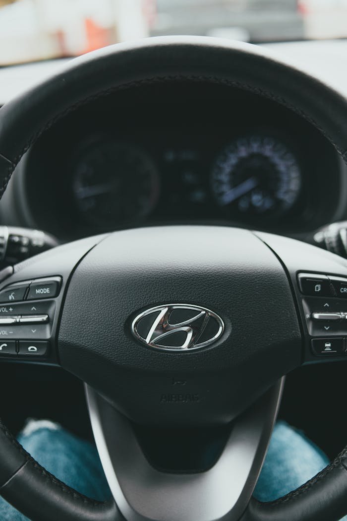 Close-Up Shot of a Hyundai Steering Wheel